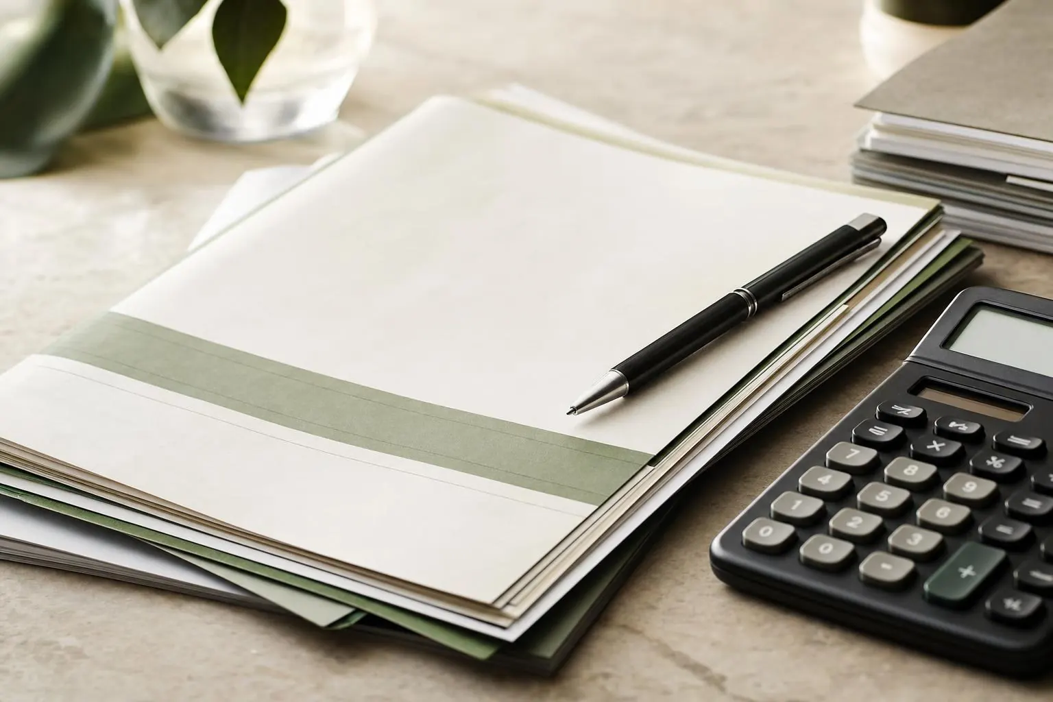 Organized paperwork with pen and calculator